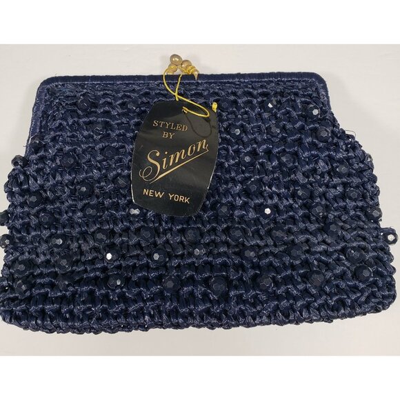Styled by Simon Bag Navy Beaded Clutch Purse Evening Made in Italy Vintage - Picture 1 of 6